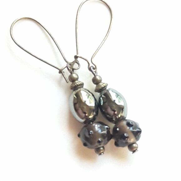 artisan earrings 483#mfs NEW boho Metallic hobnail fireglaze glass drop earrings - Picture 3 of 6